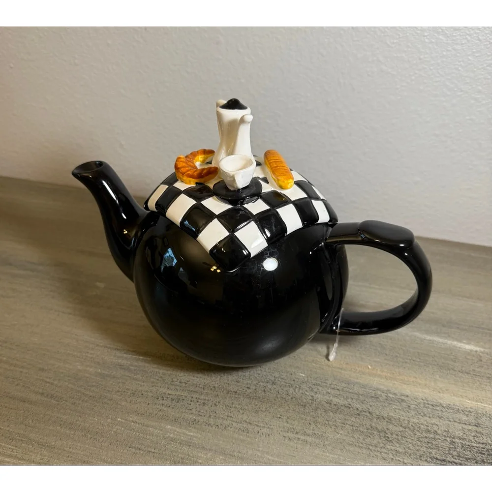 Vintage Black White Check Teapot Whimsical Lid Taiwan MacKenzie Childs Style